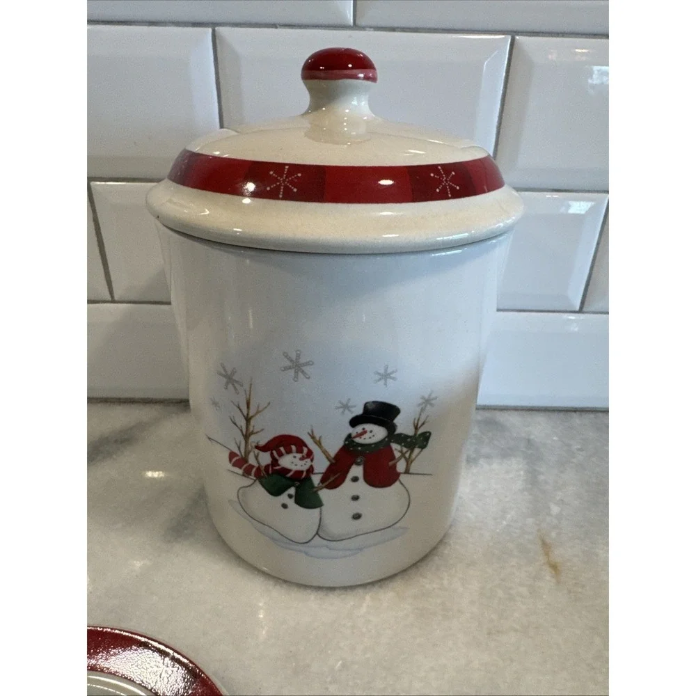 VTG Royal Seasons Holiday Snowmen Stoneware Canister Cookie Jar Snack Set GW0021